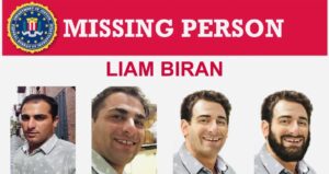 This graphic shows photos and age-progressed images of Liam Biran, an American who went missing in 2019 while traveling.